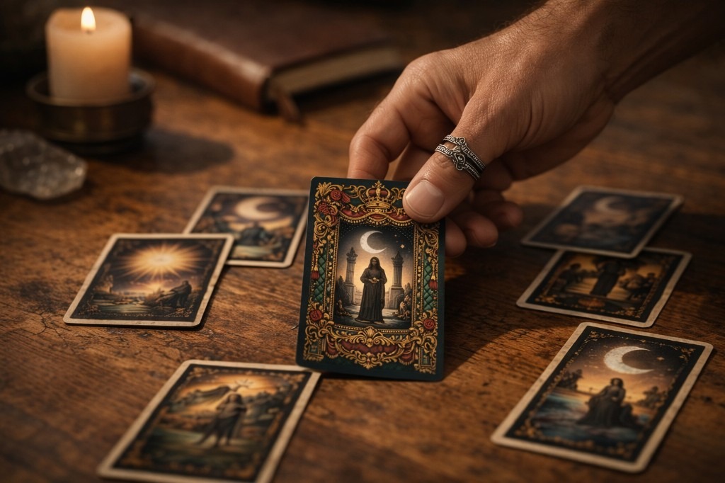 Hand placing tarot card with ornate gothic border